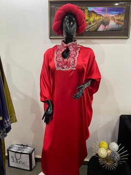 Luxury Duchess Silk Boubou Dress, Red Kaftan Gown with Appliqué Neckline