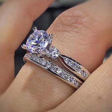 Classic Engagement Ring set band, Anniversary Ring, Sterling Silver Wedding rings Pair