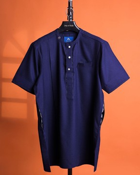 A navy blue, 120s jorgecarli wool, front flap, short sleeve African  kaftan native.
