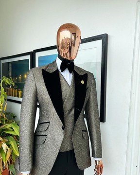 A Gold, black &amp; silver mix metallic jacquard, peak lapel tuxedo suit