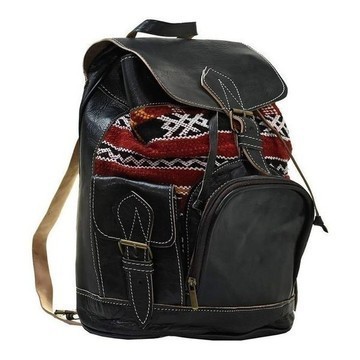 BIG SALE! Genuine Leather Backpack with Red Kilim Handmade by Cuiroma Craftsmen in Morocco