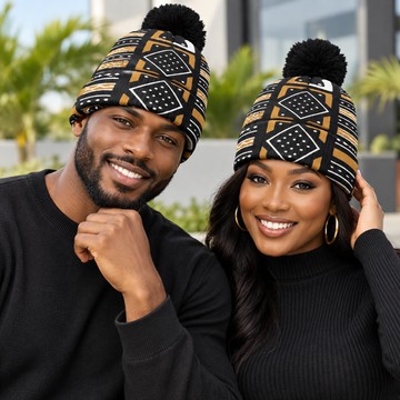 Ancient Mudcloth Bogolan Print Knitted Hat With Pom-Pom | African Heritage Wear | Bynelo