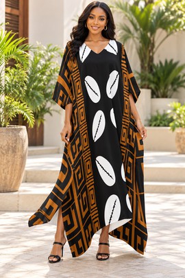 Robe midi à col en V et manches courtes pour femme en imprimé africain | Robe midi en imprimé africain | Bynelo