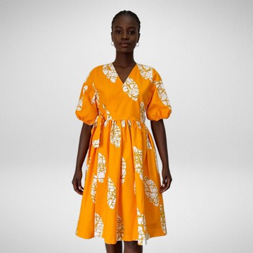 Ankaka Yellow Leaf Print Wrap Midi Dress | Cotton 3/4 Puff Sleeve Belted Dress