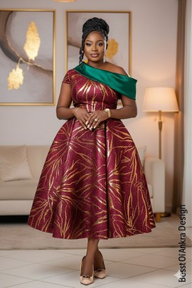 Elegant Burgundy &amp; Gold Brocade Flare Dress