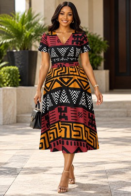 Robe midi à col en V et manches courtes pour femme en imprimé africain | Robe midi en imprimé africain | Bynelo