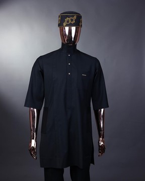 A Charcoal black , Front flap with gold Swarovski buttons, patch pocket, 3/4 sleeve kaftan.