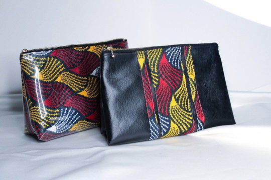 Cosmetic Toiletries Travel &amp; Wash Bag - Vegan Leather &amp; Ankara African Print Fabric - Red Print