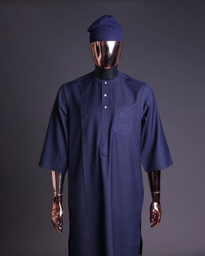 A navy blue, v &amp; square shaped pocket with net embrodery details, 3/4 sleeve African Kaftan