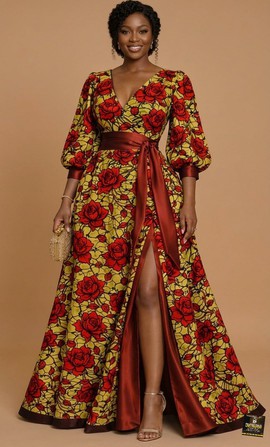 'Scarlet Rose' Yellow &amp; Red Floral Ankara Maxi Gown with Satin Sash for Formal Wedding etc