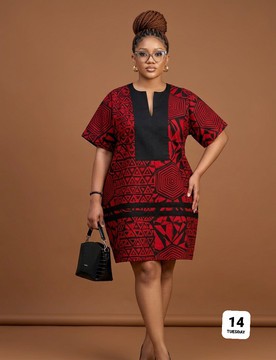 Robe droite à imprimé géométrique Ankara rouge et noir – Robe africaine imprimée longueur genou