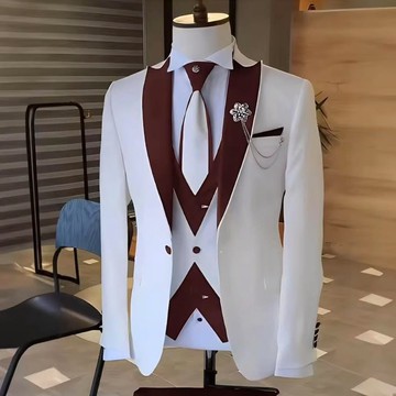 Men's White &amp; Burgundy 4-Piece Suit Set – Blazer, Waistcoat, Shirt &amp; Tie with Peak Lapel