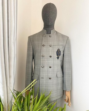 A Reloaded Windowpane check grey “French” safari double breasted suit