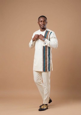 Costume traditionnel nigérian pour homme, blanc cassé, avec bande décorative tissée traditionnelle, style sénateur