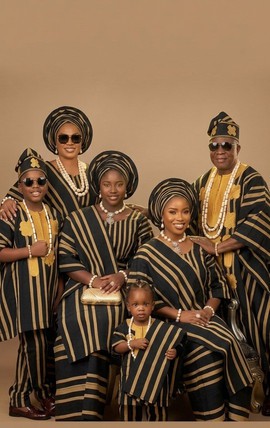 Majestic Onyx Black and Antique Gold Striped Handwoven Aso-Oke Luxury Family Set Product De