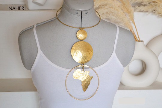 African map brass necklace hammered jewelry