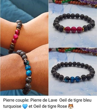 Lava stone bracelets/blue and pink tiger's eye/couple/Madagascar
