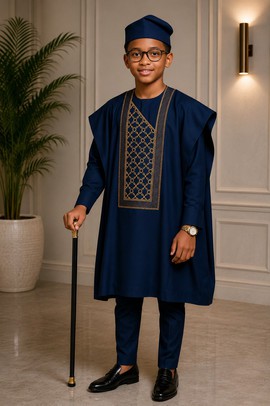 Boys Navy Blue Agbada Set with Gold Embroidery – Kids 3-Piece Native Wear