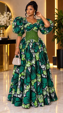 Luxury Ankara Green African Women Maxi Dress, Joann Fashion