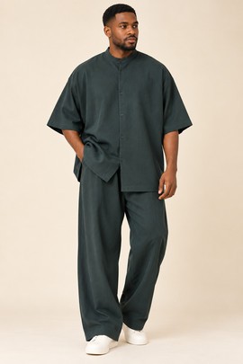 Men’s Dark Green Two-Piece Casual Set – Oversized Short Sleeve Shirt and Wide-Leg Trousers