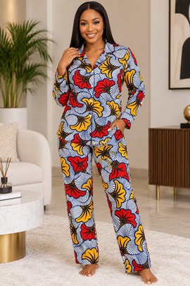 Ensemble de pyjama en satin pour femme à imprimé floral Ankara pour mariage africain | Vêtement de nuit Ankara | Bynelo
