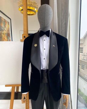 A charcoal black shawl Lapel soaked Italian velvet, Cummerbund, shirt &amp; pant trousers