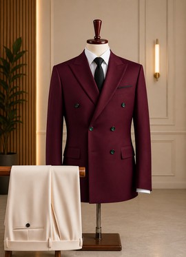 Men's Double Breasted Burgundy Suit Blazer  with Green Buttons &amp; Cream Trousers