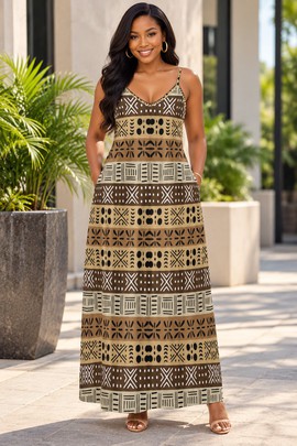 Robe longue élégante à col en V pour femme en bogolan traditionnel | Robe longue à imprimé africain traditionnel