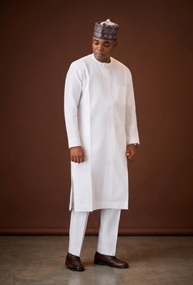 Men's Yoruba Traditional Ensemble  All White with Woven Fila