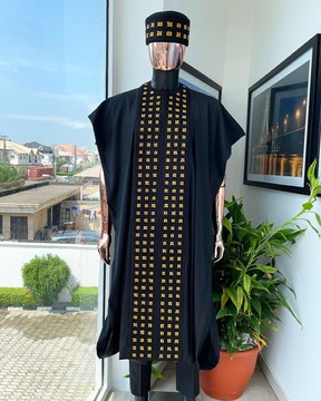 A reloaded charcoal black, connected square embroidery design Agbada
