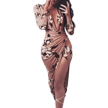 Coffee Knit Bodycon Dress with Deep V-Neck