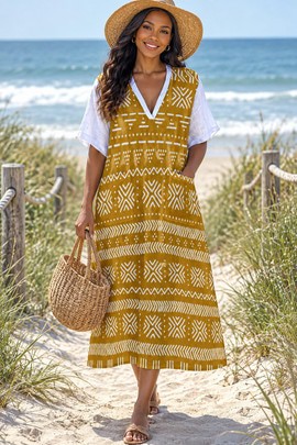 African Ethnic Tribal Gold Women's Loose V-Neck Midi Dress | Afrocentric Fashion | Bynelo