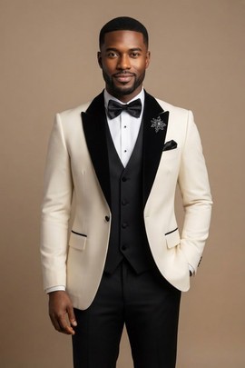 Costume trois pièces de smoking à revers crème et noir