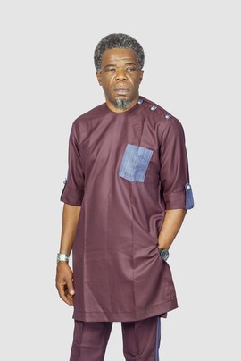 Maroon African Men's Suit with contrasting blue patch pocket, Traditional outfits
