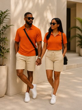 Ensemble assorti de polos et shorts en coton pour couple – Polo en maille orange avec short beige, tenue pour lui et elle