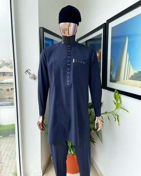 A reloaded midnight blue, splash of gold embrodery detailing long sleeve kaftan
