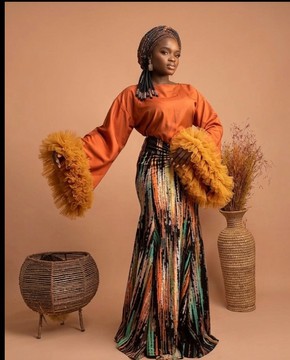 Elegant African 2 Piece  Satin Blouse with Dramatic Ruffle Sleeves &amp; Multicolor Print Maxi Skirt
