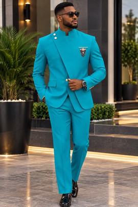Costume homme turquoise à col mao, avec détail de boutons en diagonale et poche pour broche