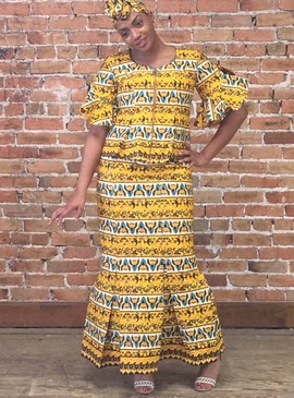 African print ankara multicolor three piece peplum top flared maxi skirt and headwrap set