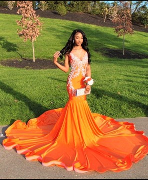 Long prom wedding dress, orange mermaid graduation dress