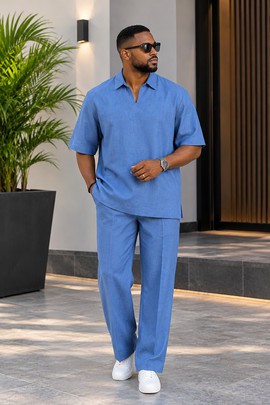 Men's Blue Linen Two Piece Set – Short Sleeve Collar Top and Wide Leg Trousers