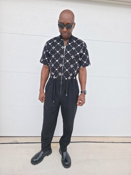 Luxury Black Jumpsuit Men, Modern Streetwear Trousers Romper, Cultural Motif Men One Piece
