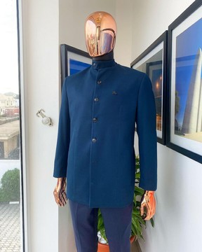 A Yale Blue bishop neck, horizontal pocket jacket
