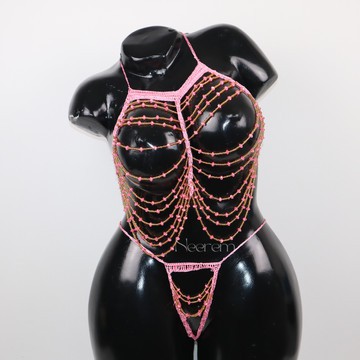 Nuisette tricoté perlée fait main artisanale haut et string ajustable, lingerie élégante et raffiné