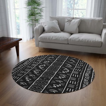 Tribal Black White Round Rug For Living Room Unique Carpet (LARGER SIZES AVAILABLE)