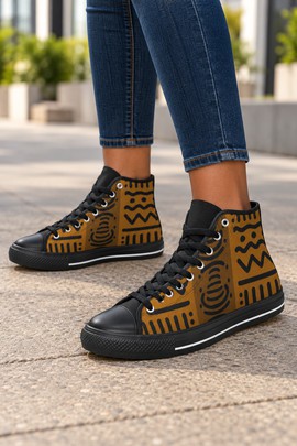 Kuba Pattern Women's Classic High Top Canvas Shoes | African Geometric Print Sneakers