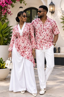 Couples Floral Outfit – Men's  Print Shirt with White Trouser &amp; Women's Wrap Top with White Trouser