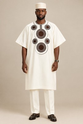 Men’s White African Kaftan Set with Embroidered Tunic and Trousers