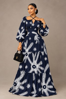 Women’s Navy Blue and White Printed Maxi Dress