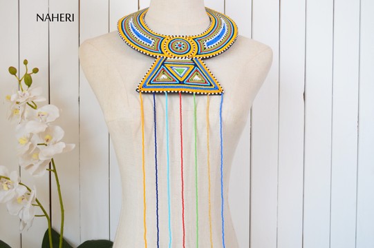 African beaded necklace tribal collar neck piece with long pendant